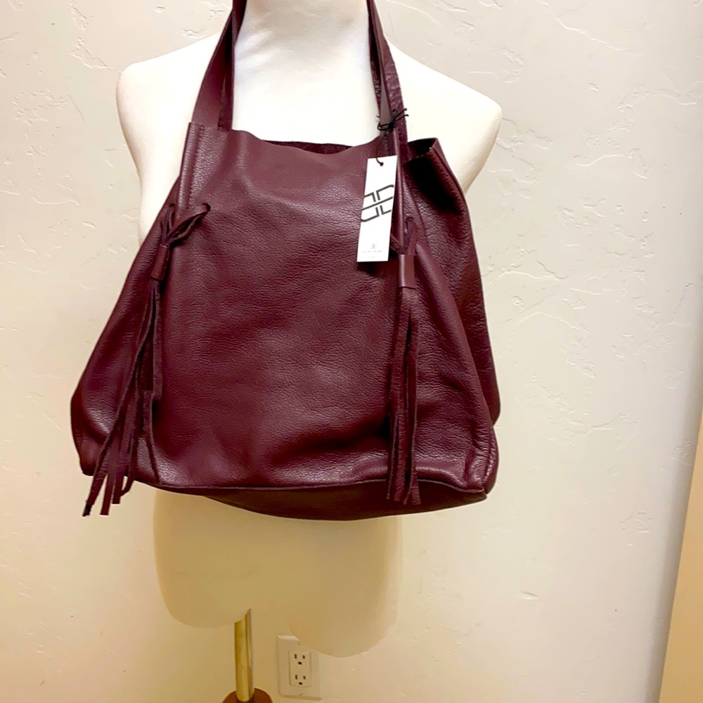 Leather Hobo with Fringe bag Wine color NWT